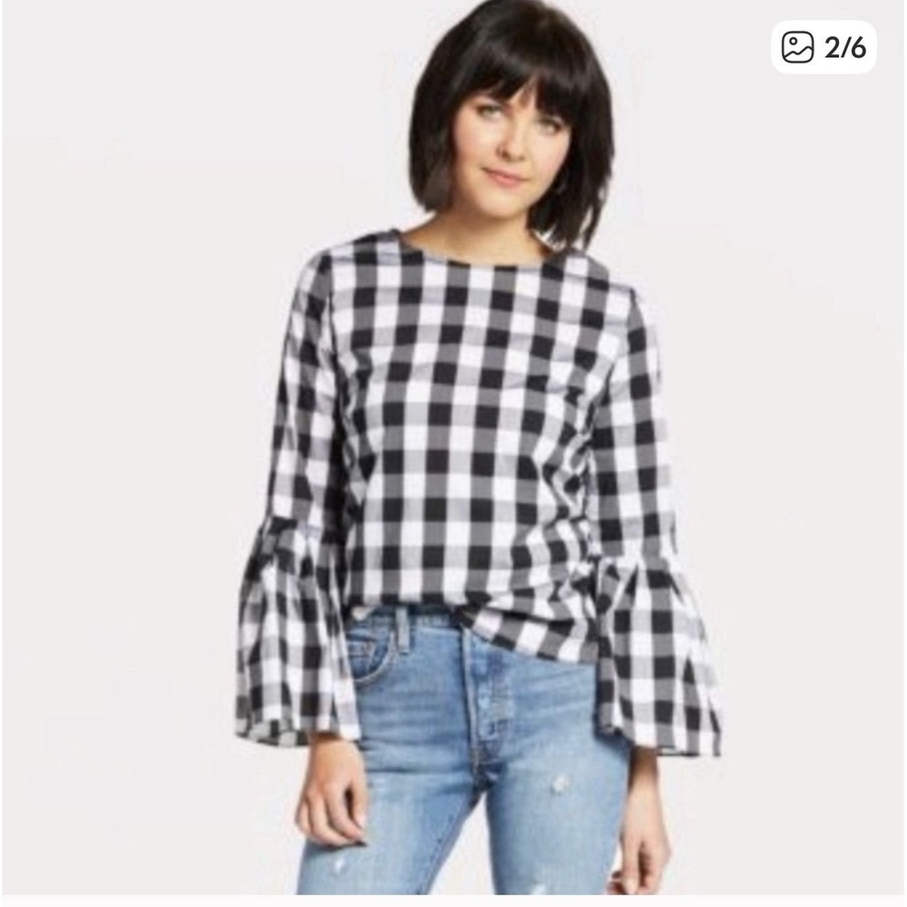 Anthropologie Black White Gigham belle Flare Sleeve Poplin Shirt. M rem faire
